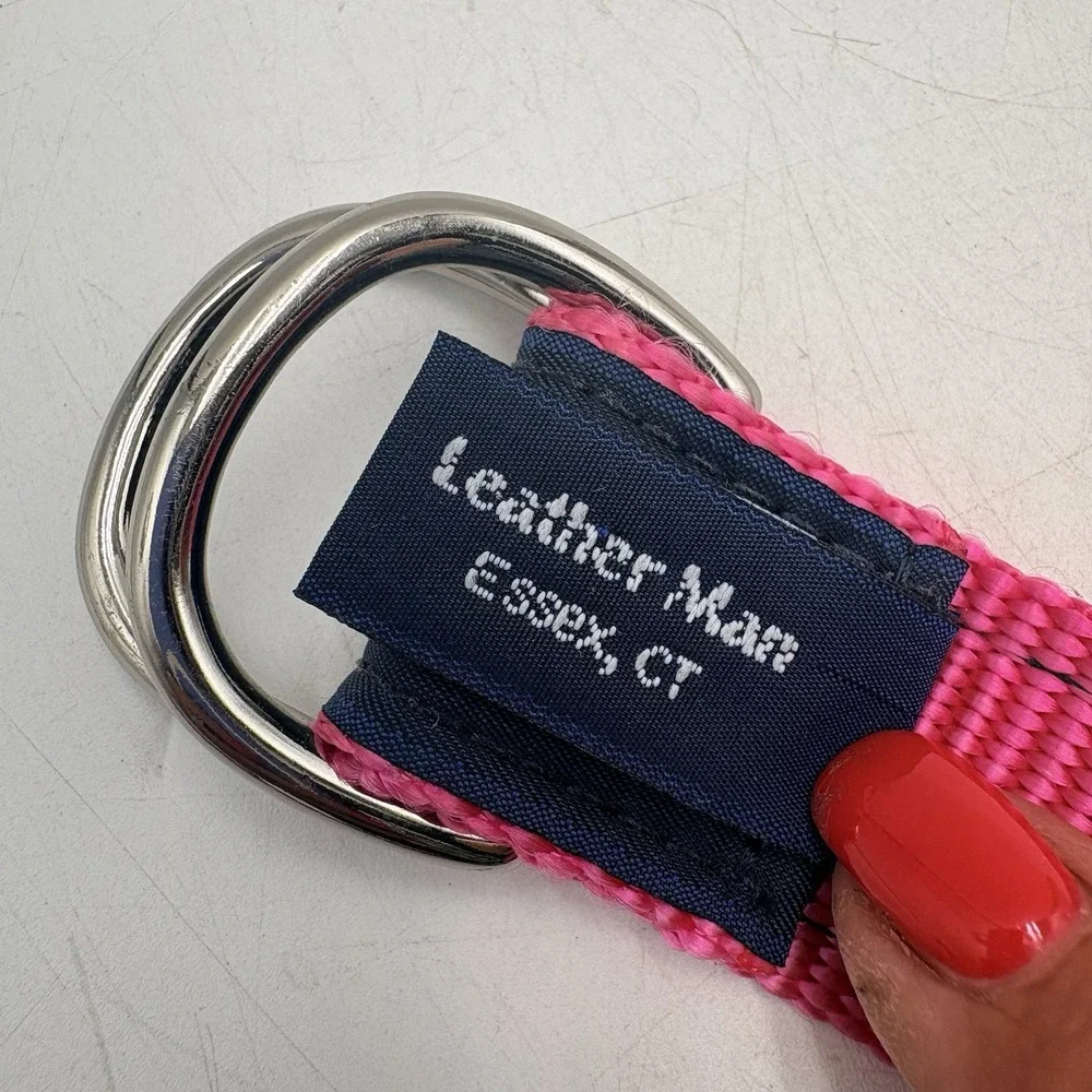 Leather Man USA Crab D Ring Ribbon Belt Pink Navy Preppy Needlepoint Medium